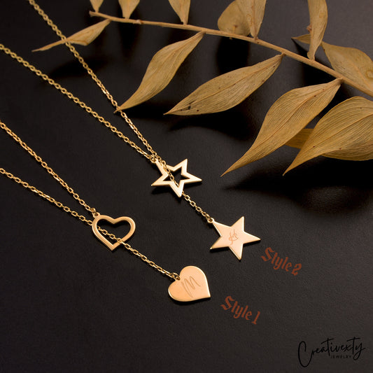Personalized Lariat Necklace: Brass Initial Heart, Gold-Plated Brass Gift