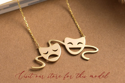 Comedy Tragedy Mask Necklace: 14K solid Gold or Sterling Silver Drama Pendant
