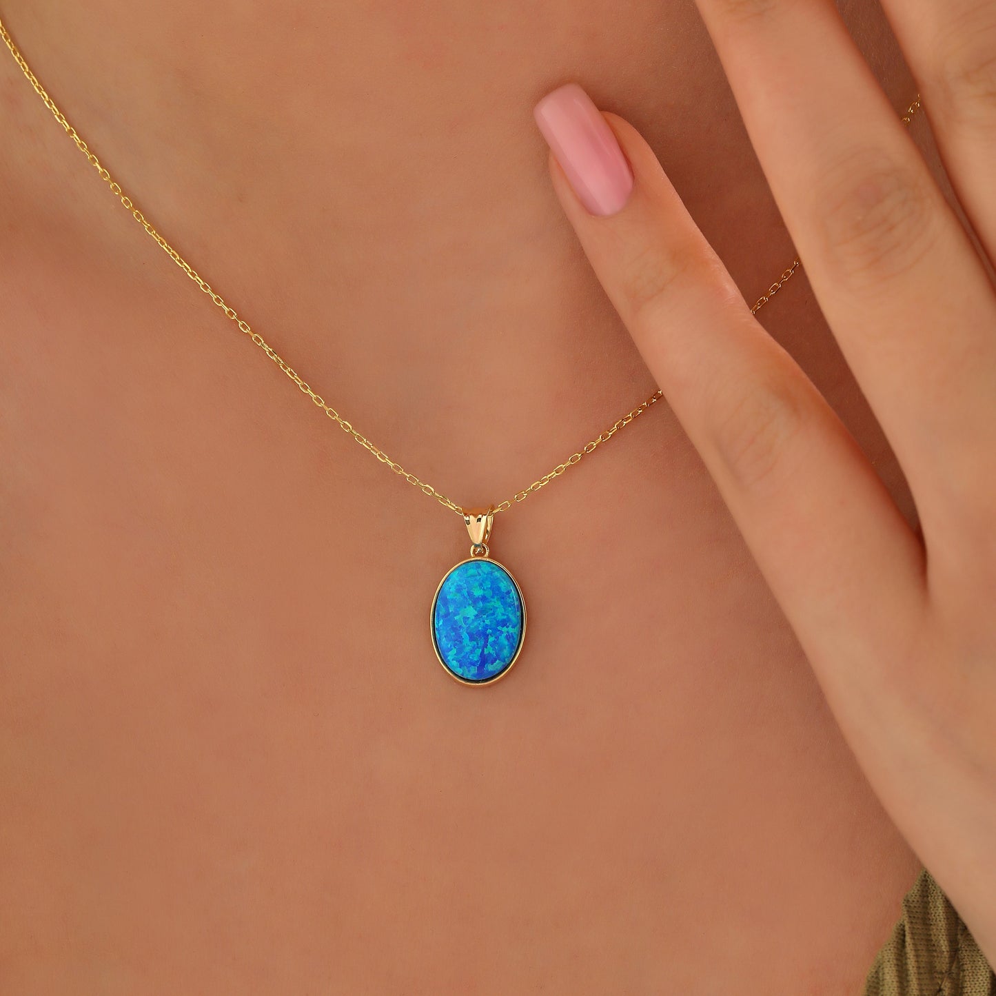Blue Opal Necklace: 14K Gold Sterling Silver Oval Pendant