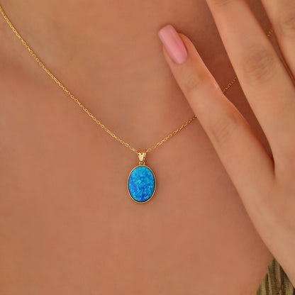 Blue Opal Necklace: 14K Gold Sterling Silver Oval Pendant