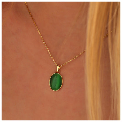 Cat Eye Green Oval Pendant: Handmade Sterling Silver Boho Necklace