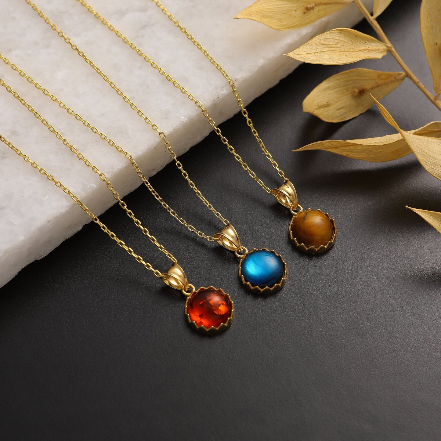 Carnelian Gemstone Necklace: 925 Sterling Silver, 14K Gold