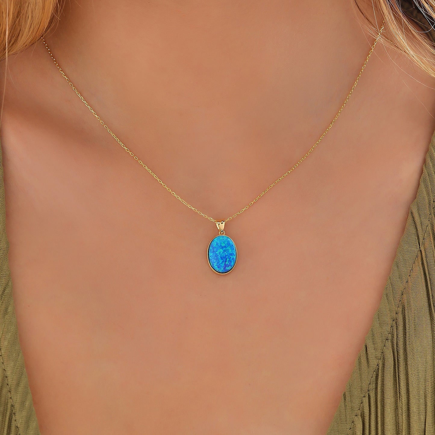 Blue Opal Necklace: 14K Gold Sterling Silver Oval Pendant