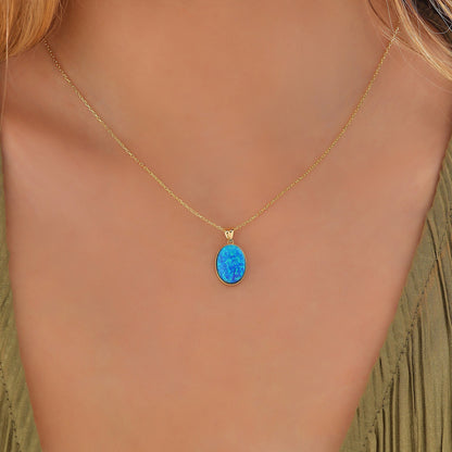Blue Opal Necklace: 14K Gold Sterling Silver Oval Pendant