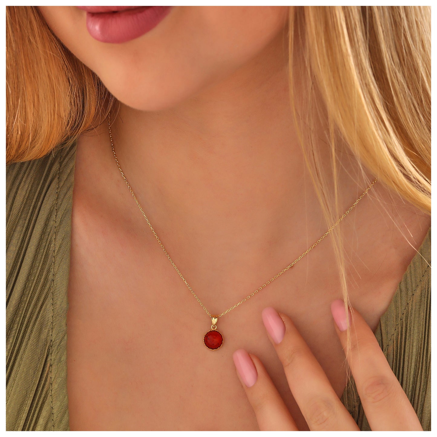 Carnelian Gemstone Necklace: 925 Sterling Silver, 14K Gold