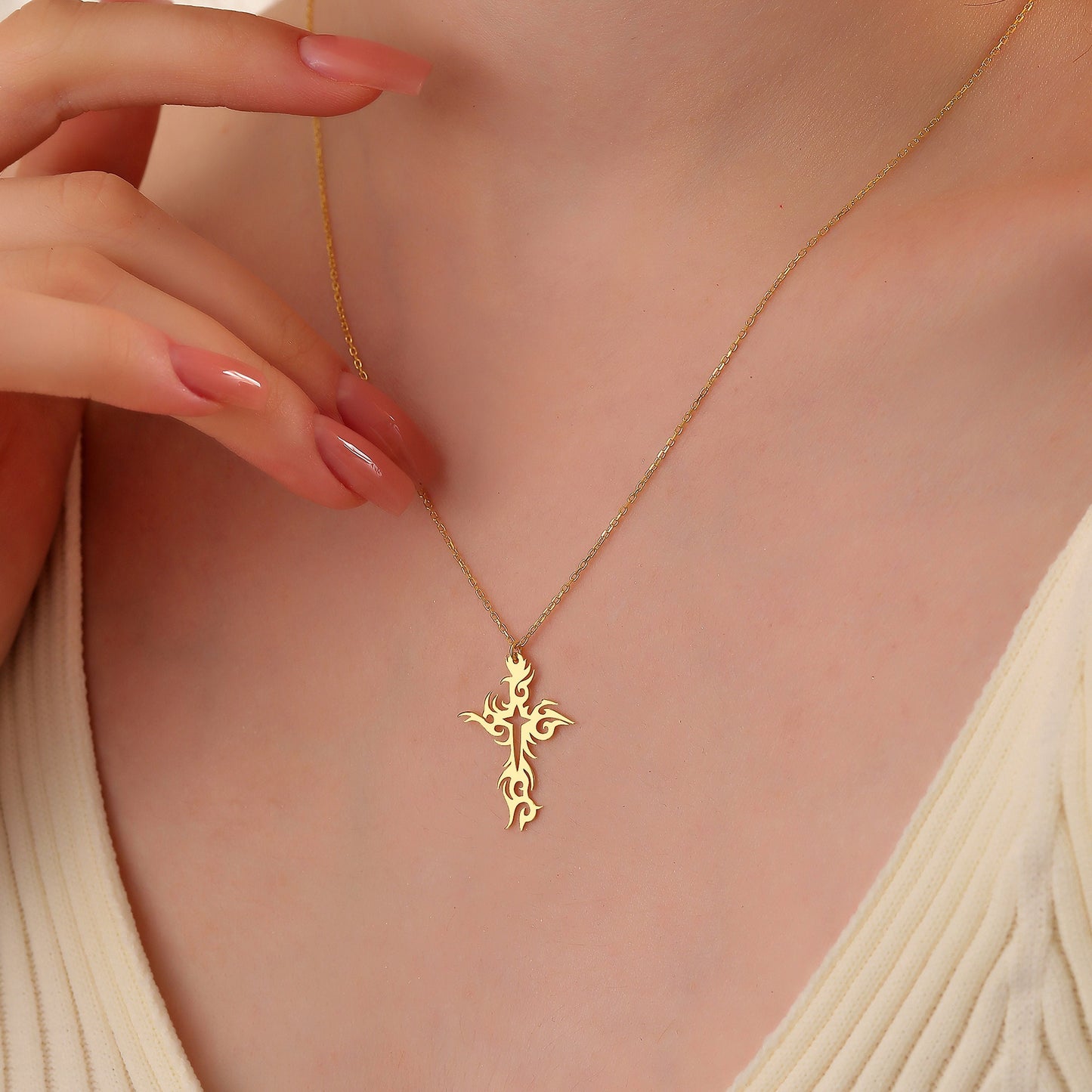 Tribal Flame Cross Necklace: Sterling Silver Gothic Pendant