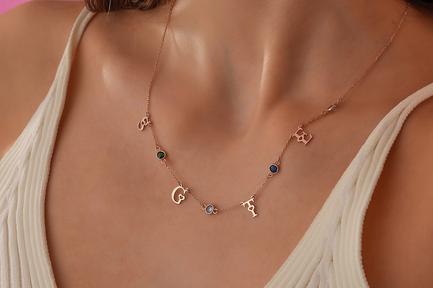 Personalized Birthstone Initial Necklace: Sterling Silver Family Jewelry