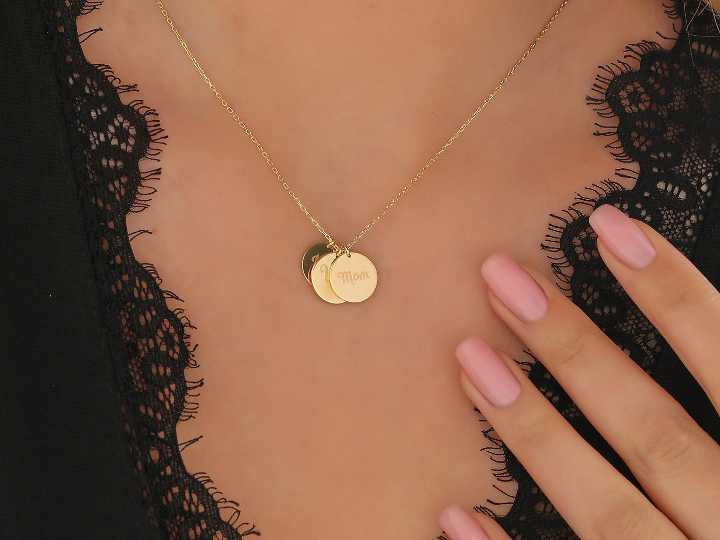 Personalized Disc Necklace: Sterling Silver or Solid Gold Custom Engraved Tag, BFF