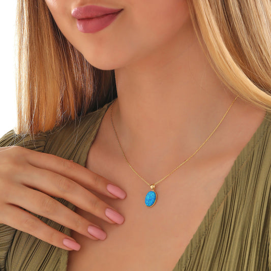 Blue Opal Necklace: 14K Gold Sterling Silver Oval Pendant
