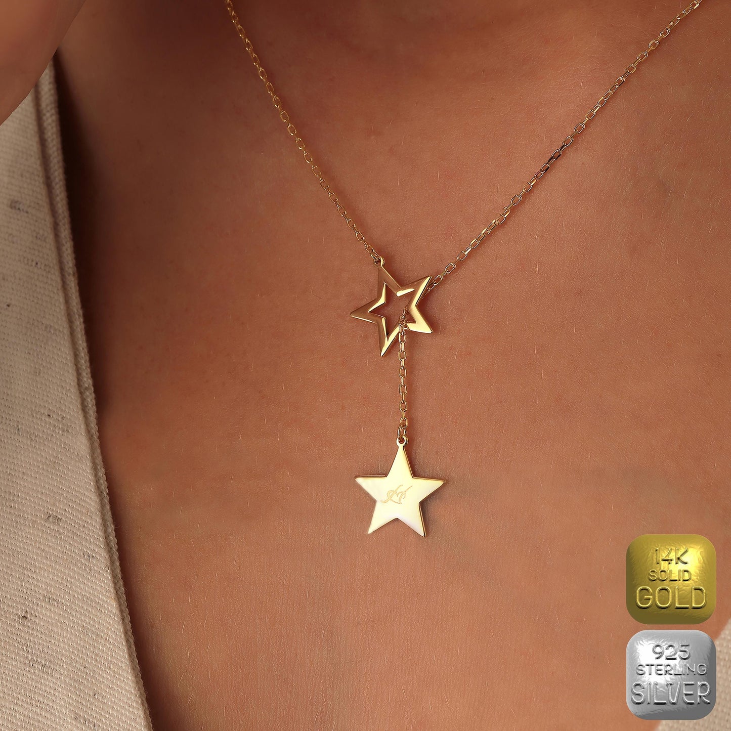 Personalized Lariat Necklace: Sterling Silver Initial Heart, 14K Gold Gift