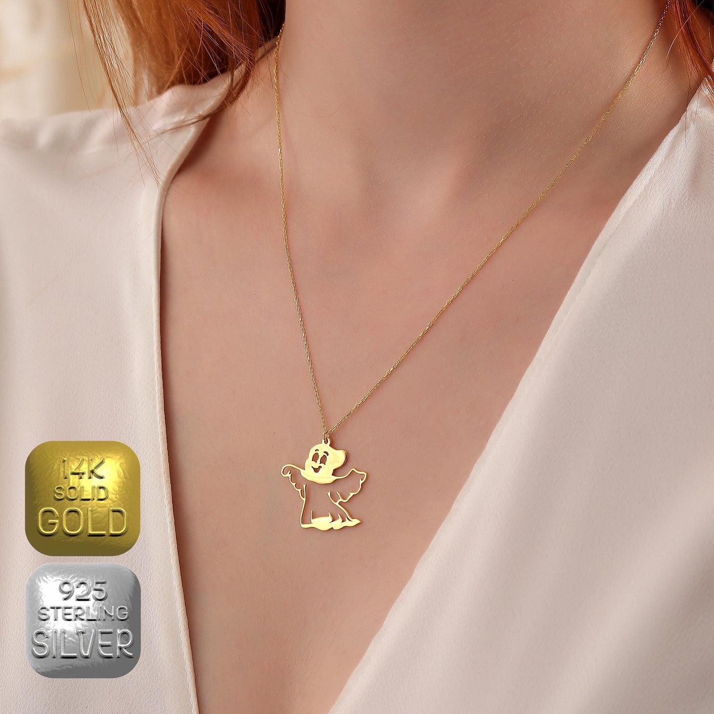 Sterling Silver Ghost Necklace, Spooky Halloween Pendant