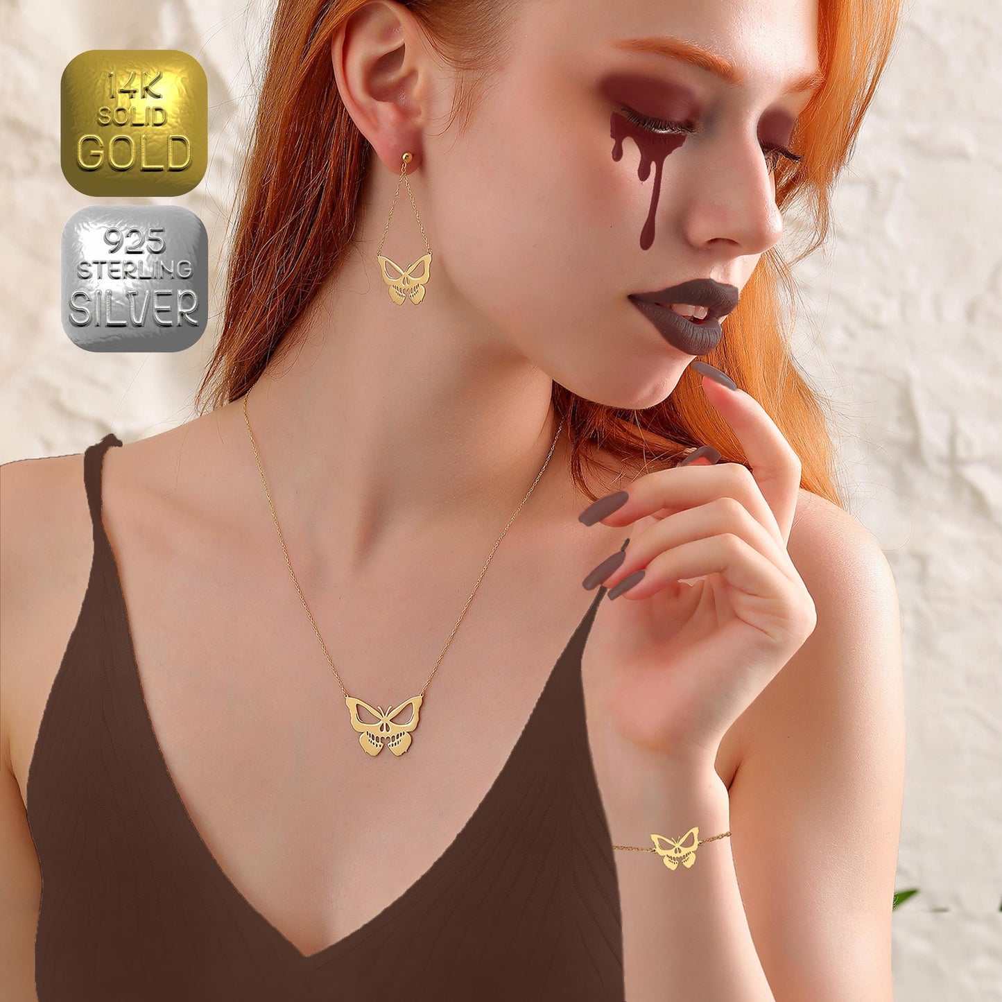 Butterfly Skull Jewelry: Sterling Silver Gothic Necklace, Earrings, Bracelet