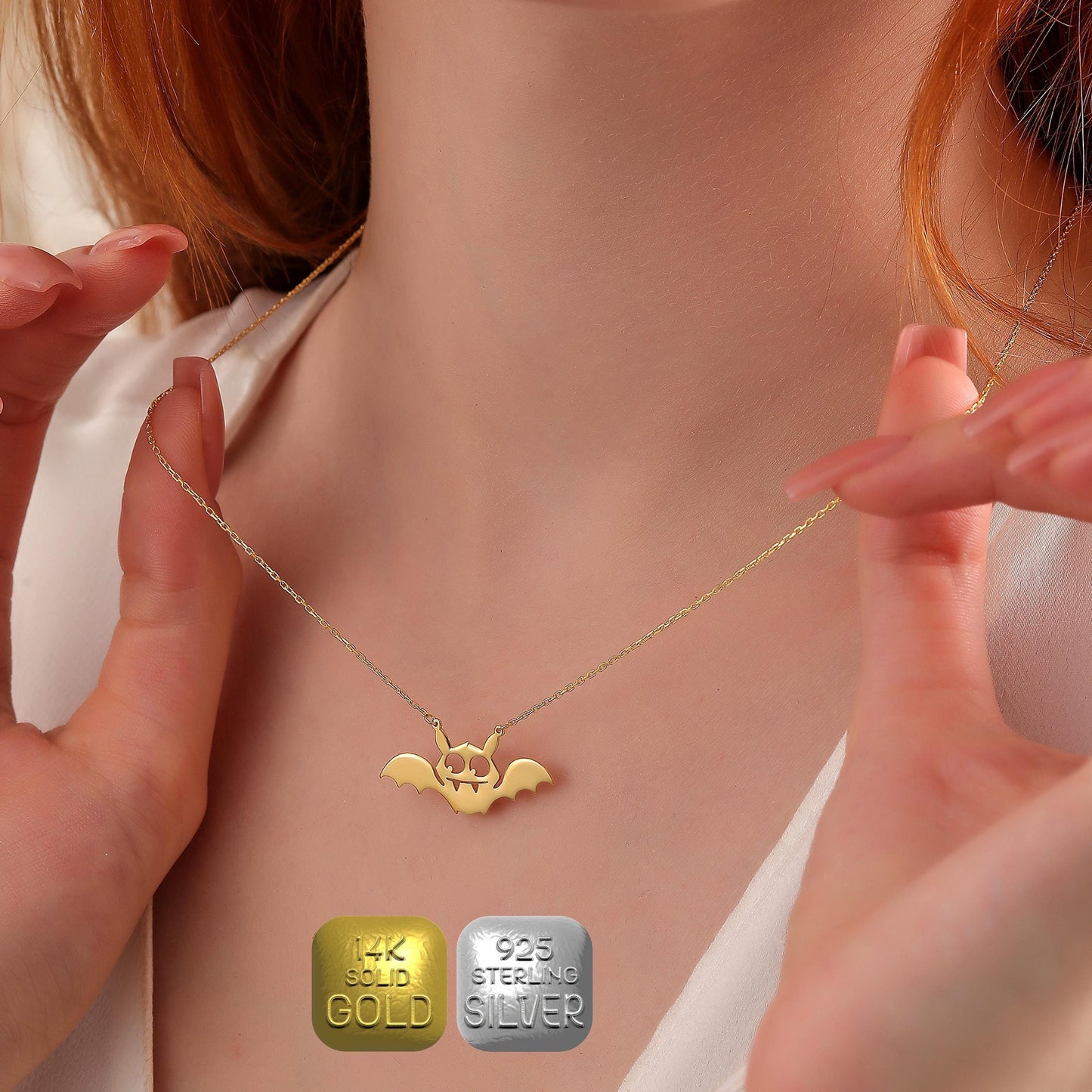 Sterling Silver or Solid Gold  Bat Necklace: Gothic Halloween Pendant