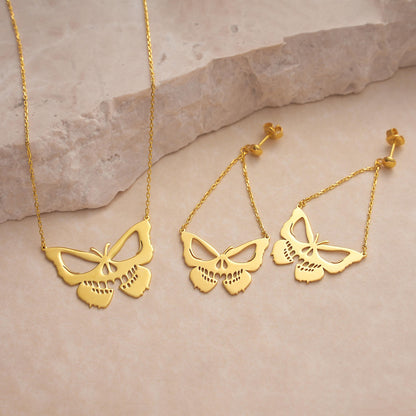 Butterfly Skull Jewelry: Sterling Silver Gothic Necklace, Earrings, Bracelet