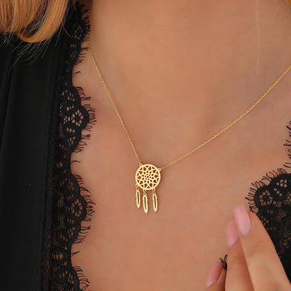 Handmade Dreamcatcher Necklace: Sterling Silver or Solid Gold Boho Feather Pendant