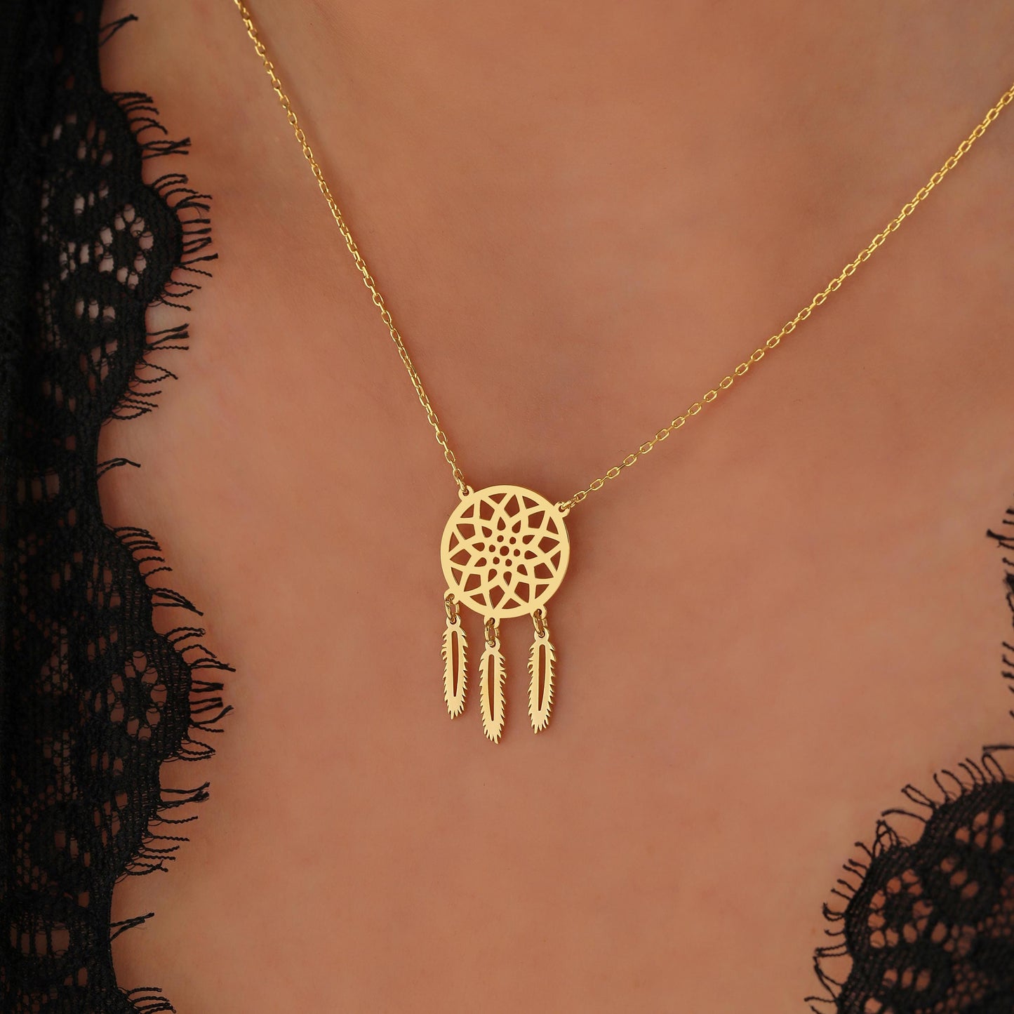 Handmade Dreamcatcher Necklace: Sterling Silver or Solid Gold Boho Feather Pendant