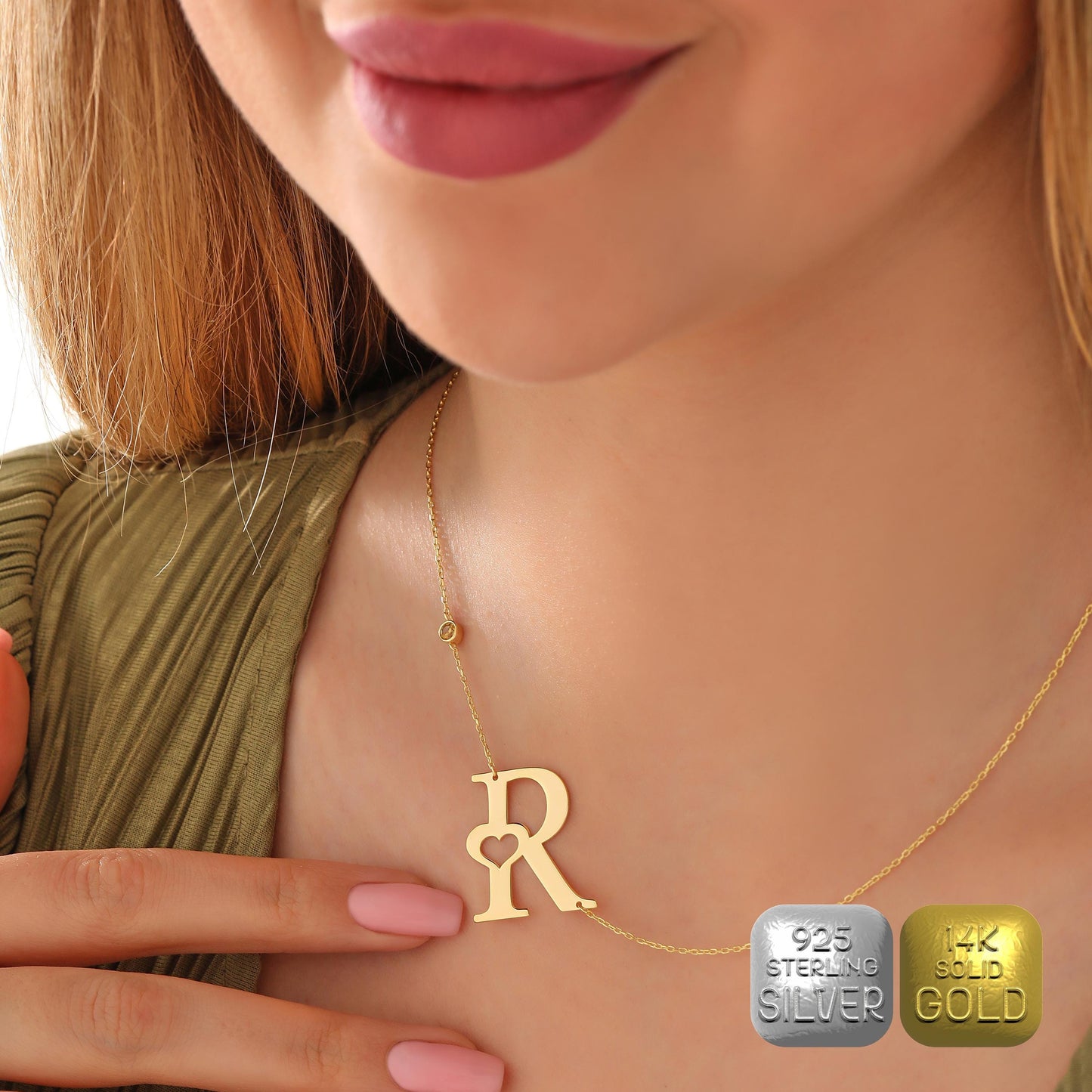 Personalized Birthstone Initial Necklace: 14K Solid Gold Monogram