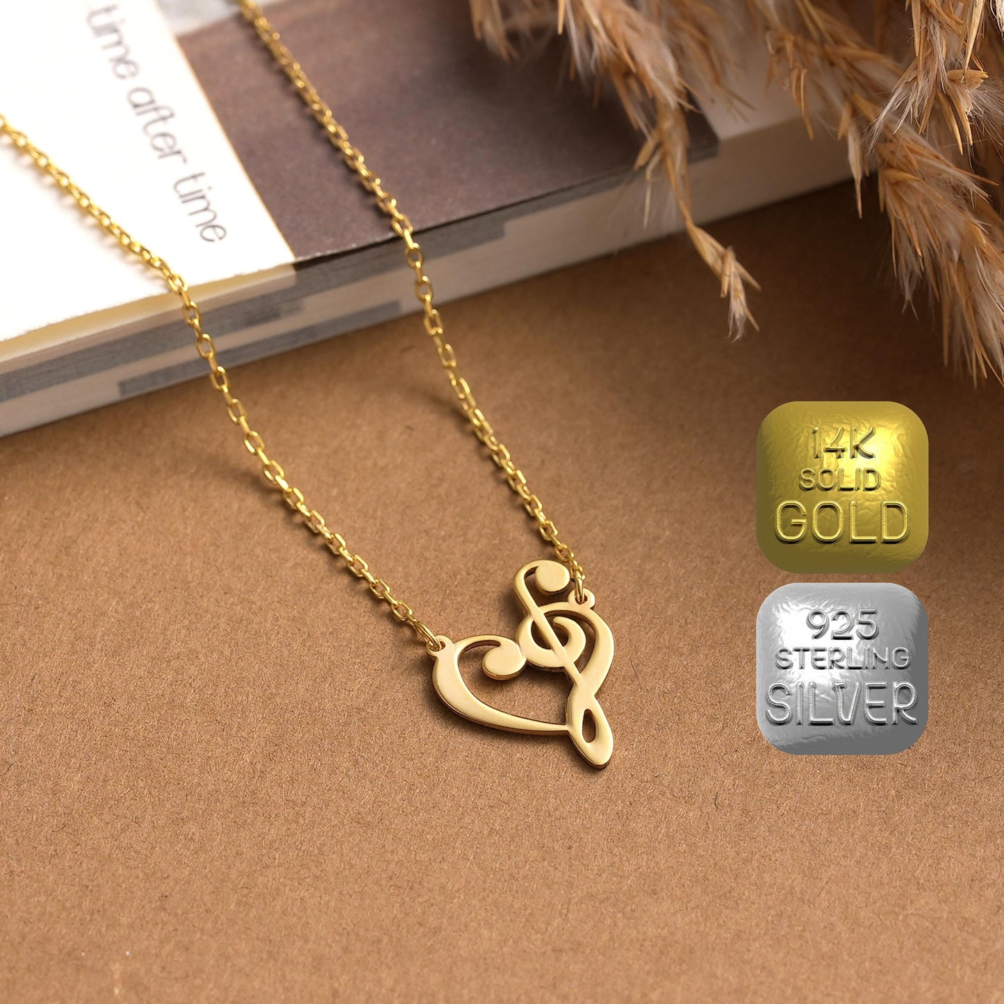 Dainty Heart Treble Clef Necklace: 14K Solid or Sterling Silver Gold Music Jewelry