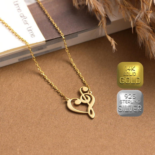 Dainty Heart Treble Clef Necklace: 14K Solid or Sterling Silver Gold Music Jewelry