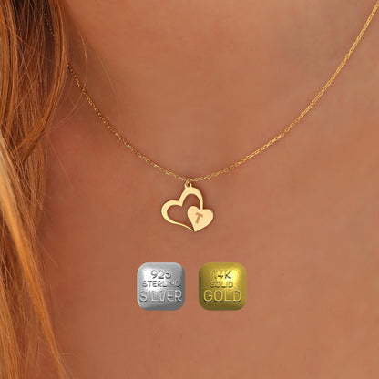 Personalized Double Heart Necklace: Sterling Silver or 14K Gold Initial Pendant