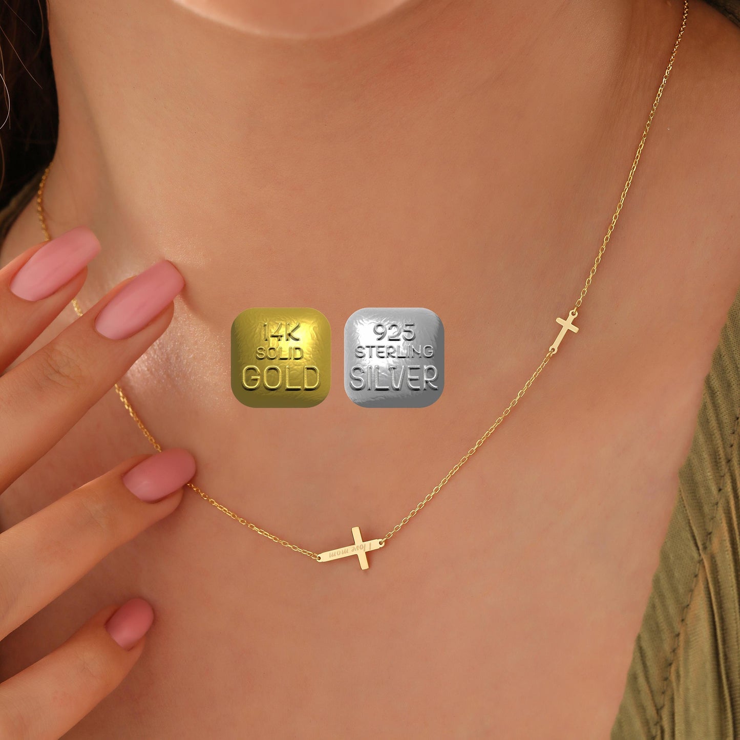 Personalized Double Cross Necklace: Sterling Silver Christian Jewelry