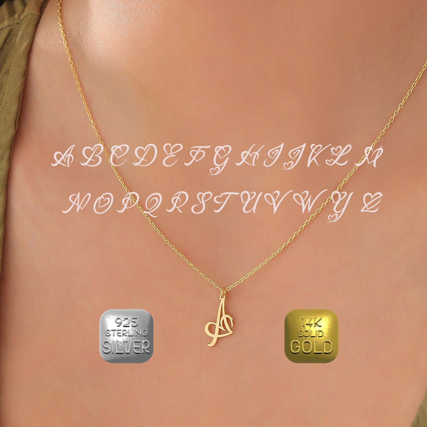 Personalized Initial Necklace: 925 Sterling Silver or 14K Gold Letter Pendant