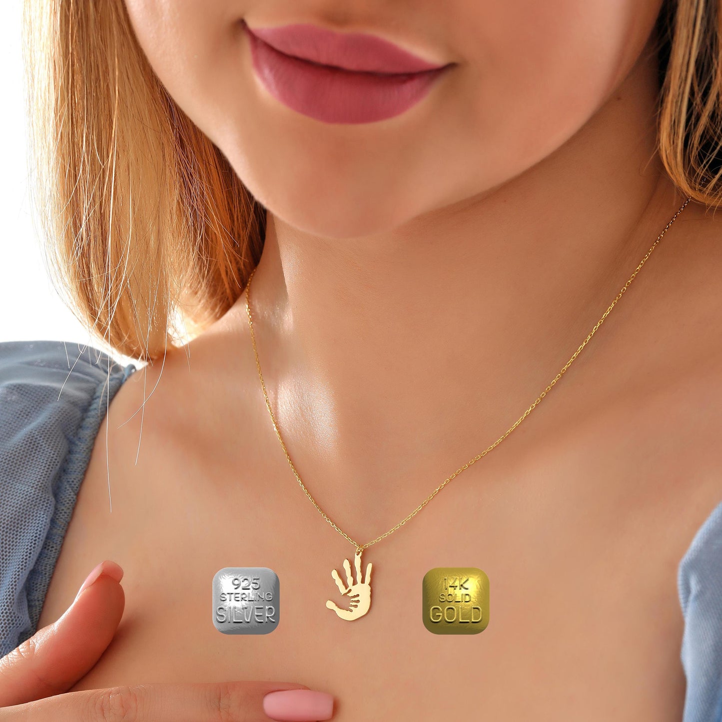 Mother and Baby Hand Necklace: Silver or Gold Handmade Gifts