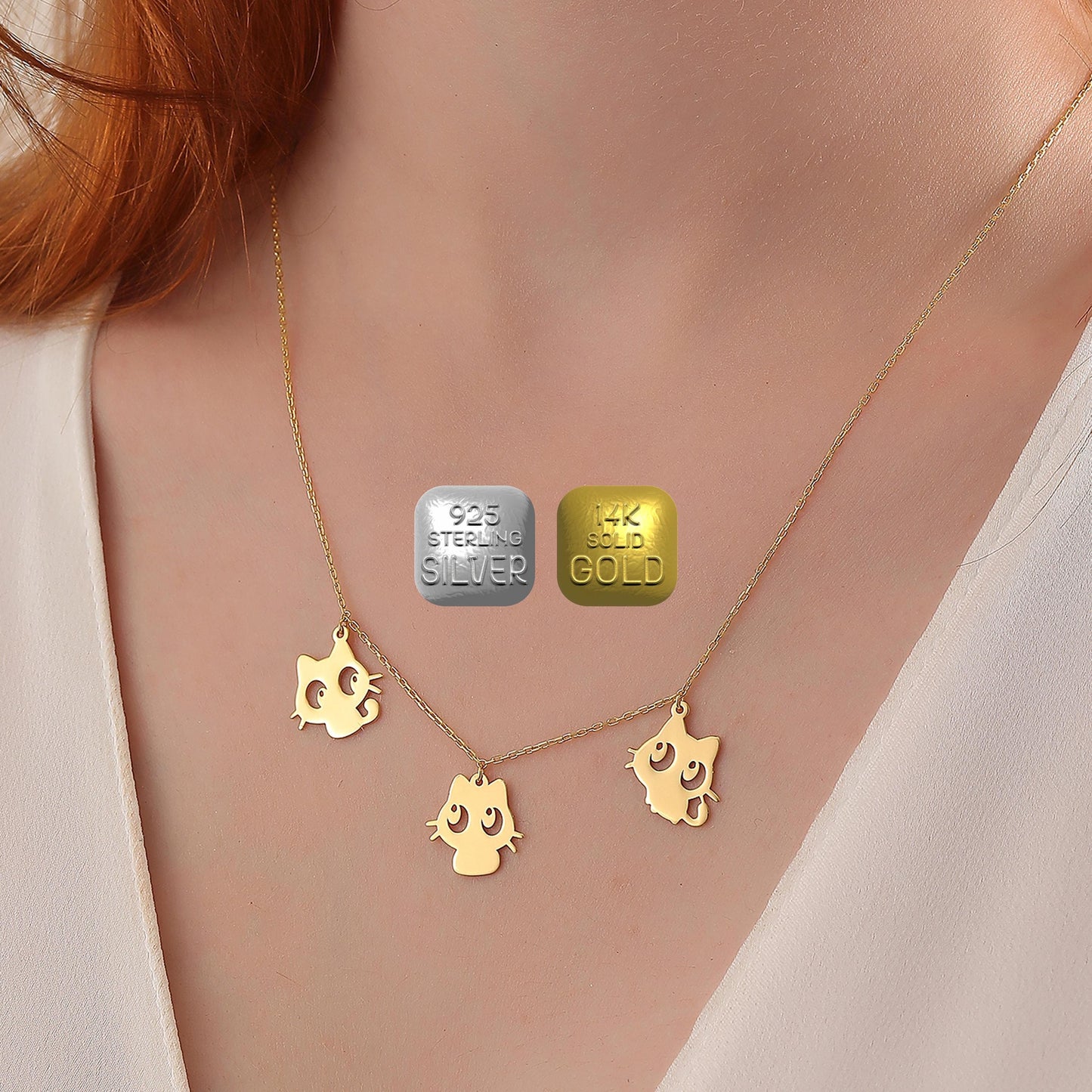 Handmade Sterling Silver Cat Pendant Necklace: Minimalist Gold or Rose Gold