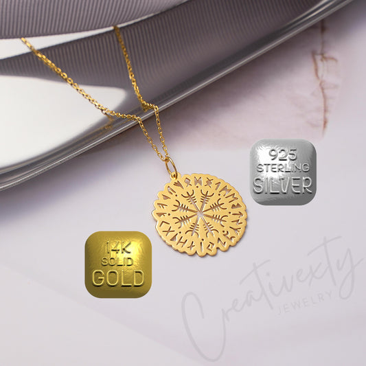 Helm of Awe Necklace: Brass with Gold or Silver Finish Viking Aegishjalmr Amulet
