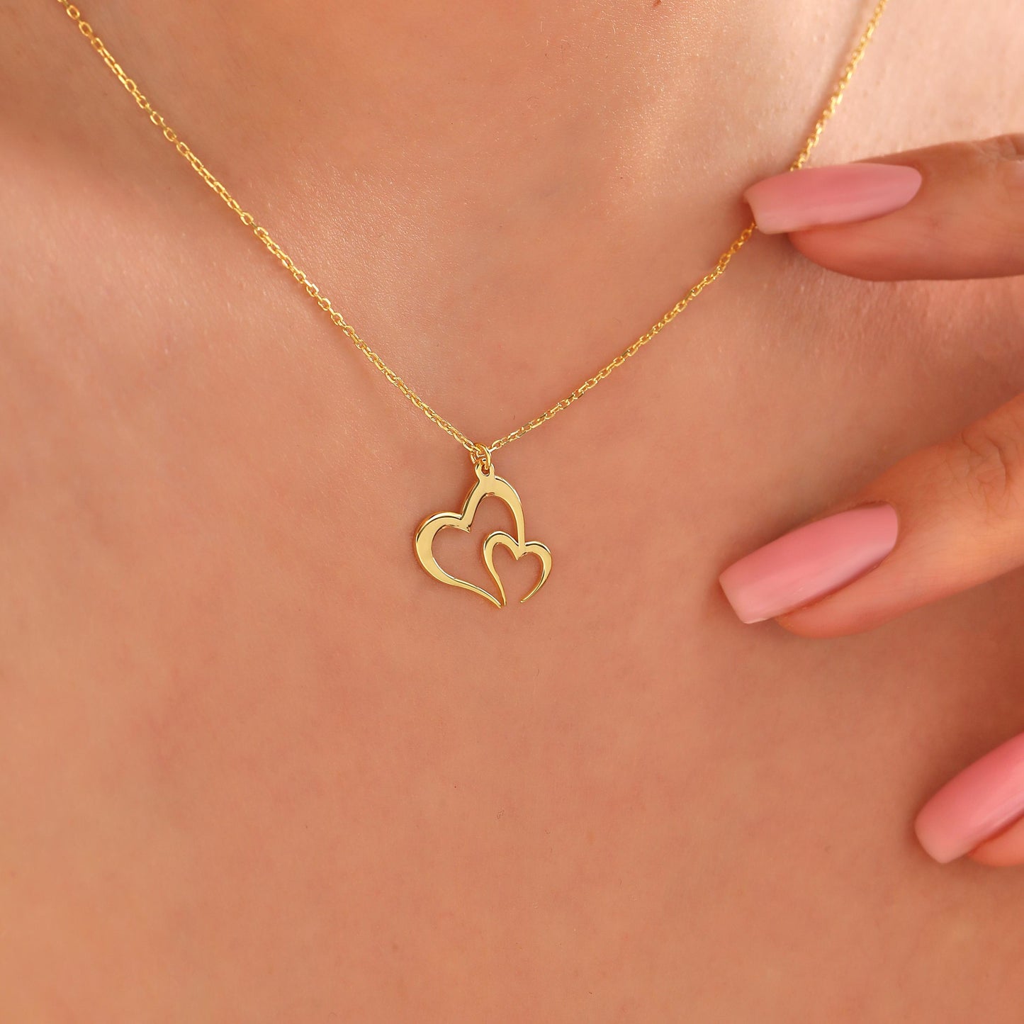 Interlocking Hearts Necklace: Sterling Silver & 14K Gold, Mother Daughter Jewelry