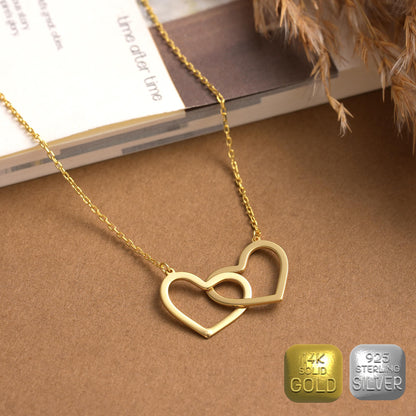 Interlocking Hearts Necklace: Sterling Silver or Gold Double Heart Pendant