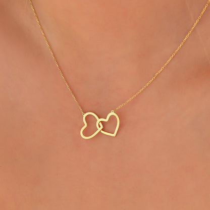 Interlocking Hearts Necklace: Sterling Silver or Gold Double Heart Pendant