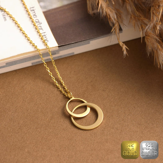 Interlocking Circles Necklace: Brass with Gold or Silver Finish Linked Hoops