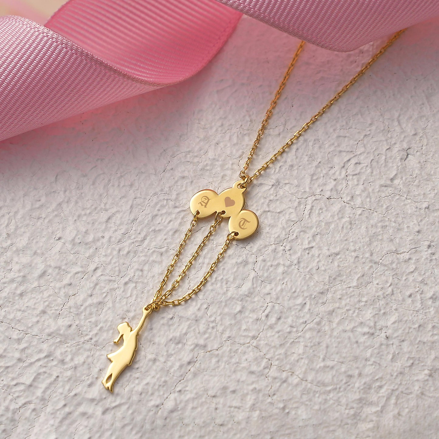 Personalized Flying Girl Necklace: Custom Initial Balloons, Sterling Silver or 14K Solid Gold