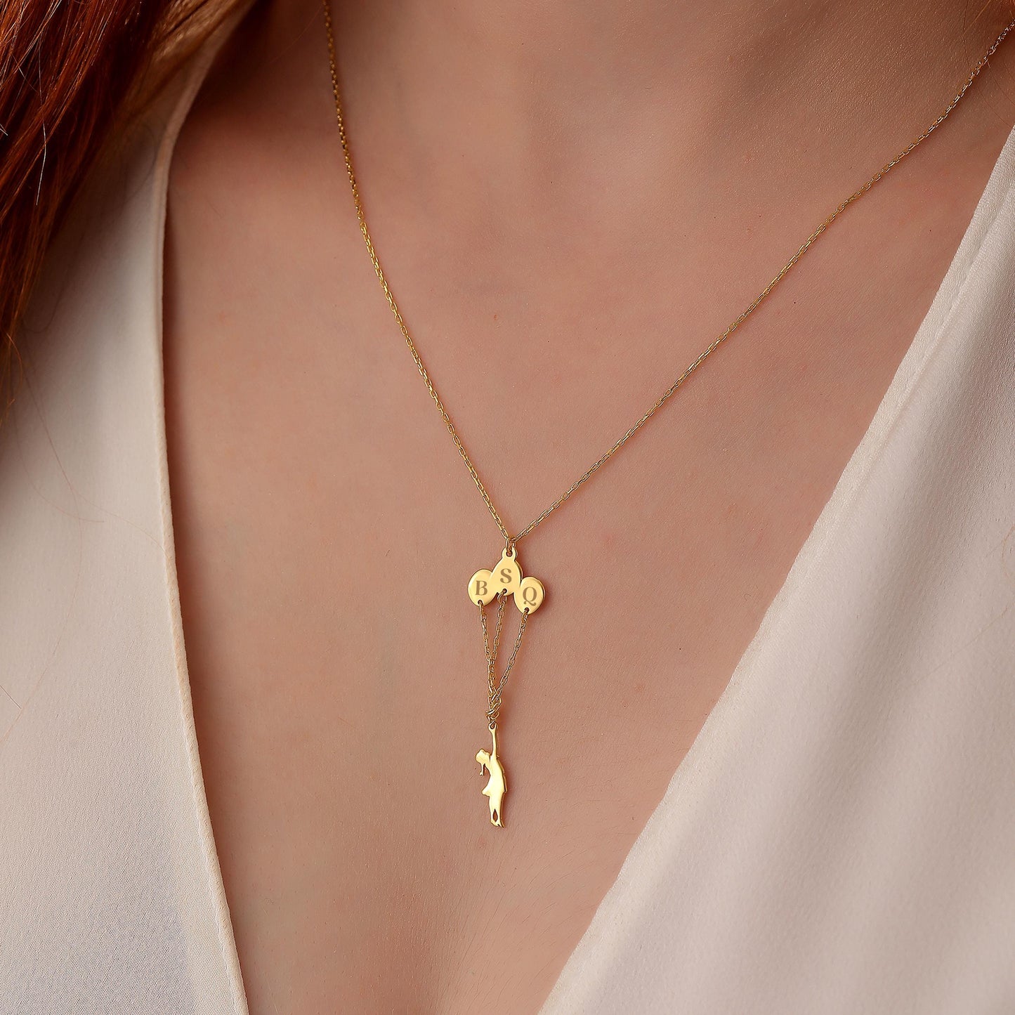 Personalized Flying Girl Necklace: Custom Initial Balloons, Sterling Silver or 14K Solid Gold