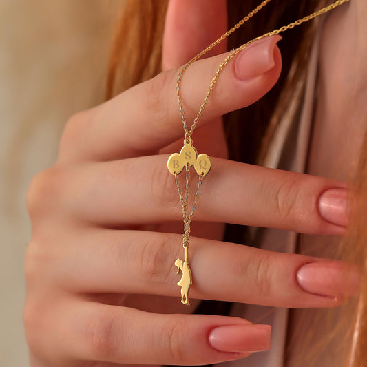 Personalized Flying Girl Necklace: Custom Initial Balloons, Brass with Gold or Silver Finish