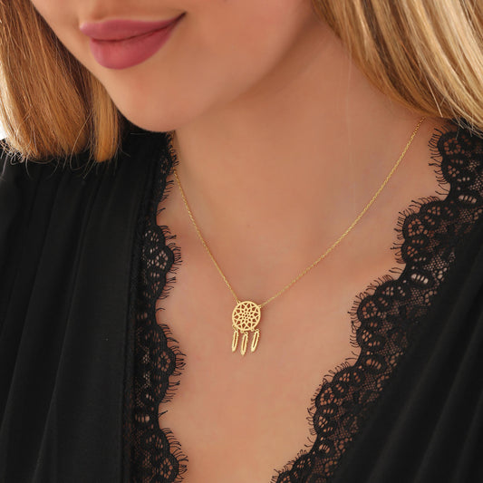 Handmade Dreamcatcher Necklace: Sterling Silver or Solid Gold Boho Feather Pendant